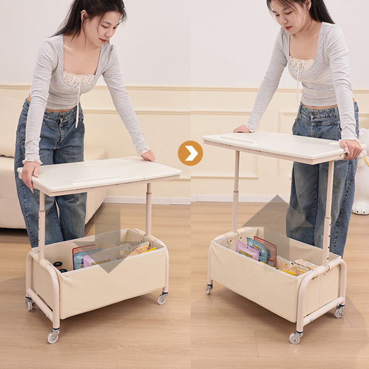 Mesa auxiliar elevable y móvil de dos niveles, rectangular, minimalista moderna, de MDF, acero al carbono y tela, para salón 