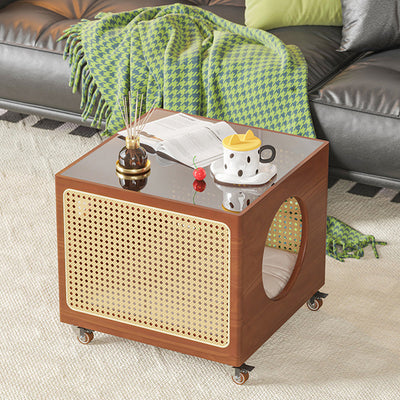 Modern Minimalist Square Pine Wood Glass Rattan Weaving Metal Pet Coffee Table 2-Tier For Living Room