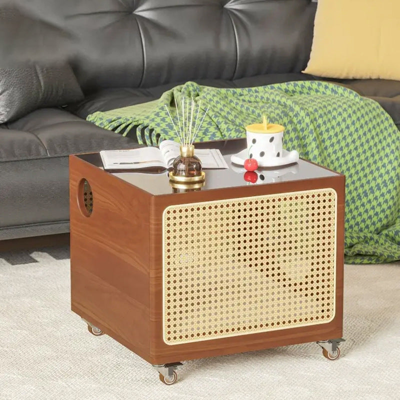 Modern Minimalist Square Pine Wood Glass Rattan Weaving Metal Pet Coffee Table 2-Tier For Living Room