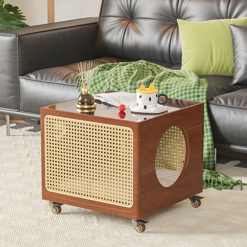 Modern Minimalist Square Pine Wood Glass Rattan Weaving Metal Pet Coffee Table 2-Tier For Living Room