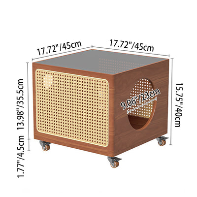 Modern Minimalist Square Pine Wood Glass Rattan Weaving Metal Pet Coffee Table 2-Tier For Living Room