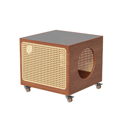Modern Minimalist Square Pine Wood Glass Rattan Weaving Metal Pet Coffee Table 2-Tier For Living Room