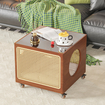 Modern Minimalist Square Pine Wood Glass Rattan Weaving Metal Pet Coffee Table 2-Tier For Living Room