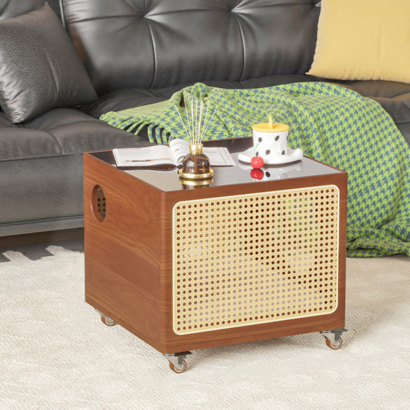 Modern Minimalist Square Pine Wood Glass Rattan Weaving Metal Pet Coffee Table 2-Tier For Living Room
