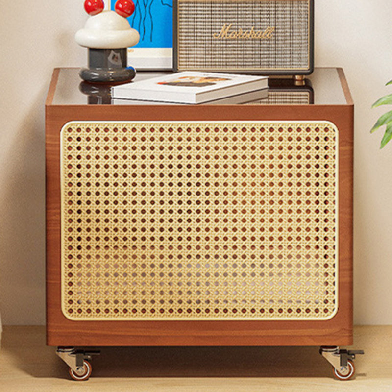 Modern Minimalist Square Pine Wood Glass Rattan Weaving Metal Pet Coffee Table 2-Tier For Living Room