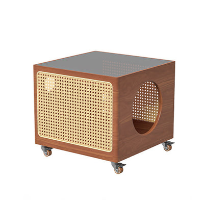 Modern Minimalist Square Pine Wood Glass Rattan Weaving Metal Pet Coffee Table 2-Tier For Living Room