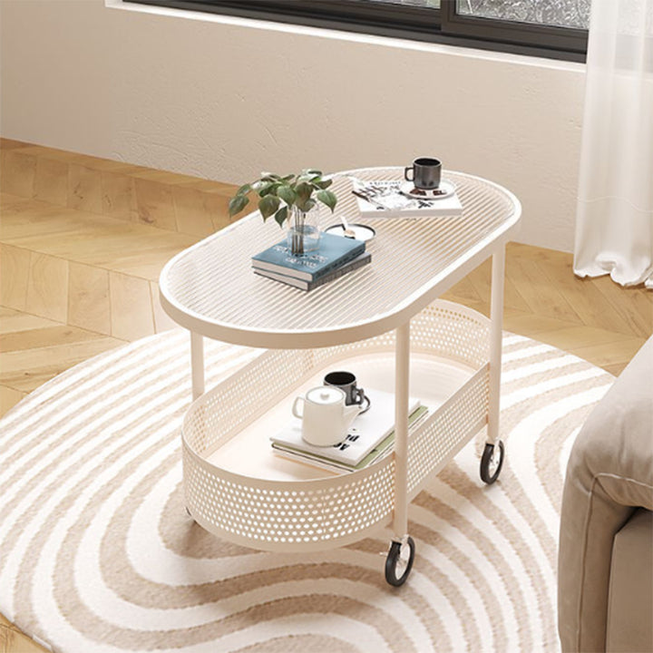 Moderner minimalistischer beweglicher ovaler Glas-Eisen-Couchtisch mit 2 Ebenen für das Wohnzimmer 
