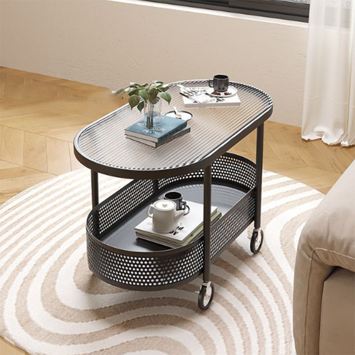 Moderner minimalistischer beweglicher ovaler Glas-Eisen-Couchtisch mit 2 Ebenen für das Wohnzimmer 