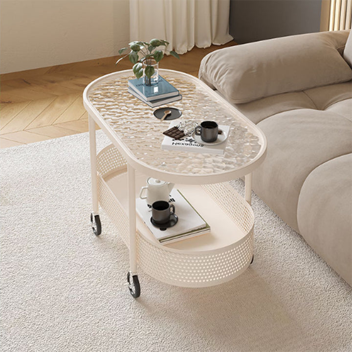 Moderner minimalistischer beweglicher ovaler Glas-Eisen-Couchtisch mit 2 Ebenen für das Wohnzimmer 