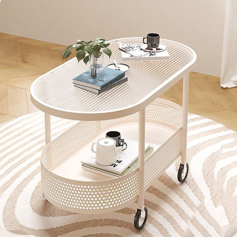 Modern Minimalist Movable Oval Glass Iron Coffee Table 2-Tier For Living Room