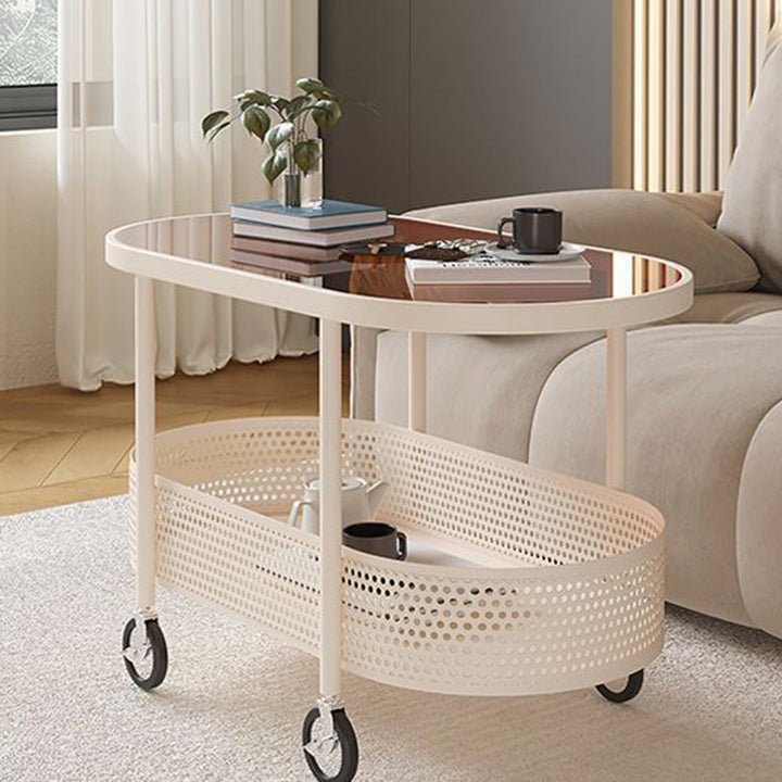 Moderner minimalistischer beweglicher ovaler Glas-Eisen-Couchtisch mit 2 Ebenen für das Wohnzimmer 