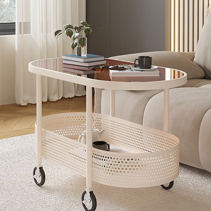 Modern Minimalist Movable Oval Glass Iron Coffee Table 2-Tier For Living Room