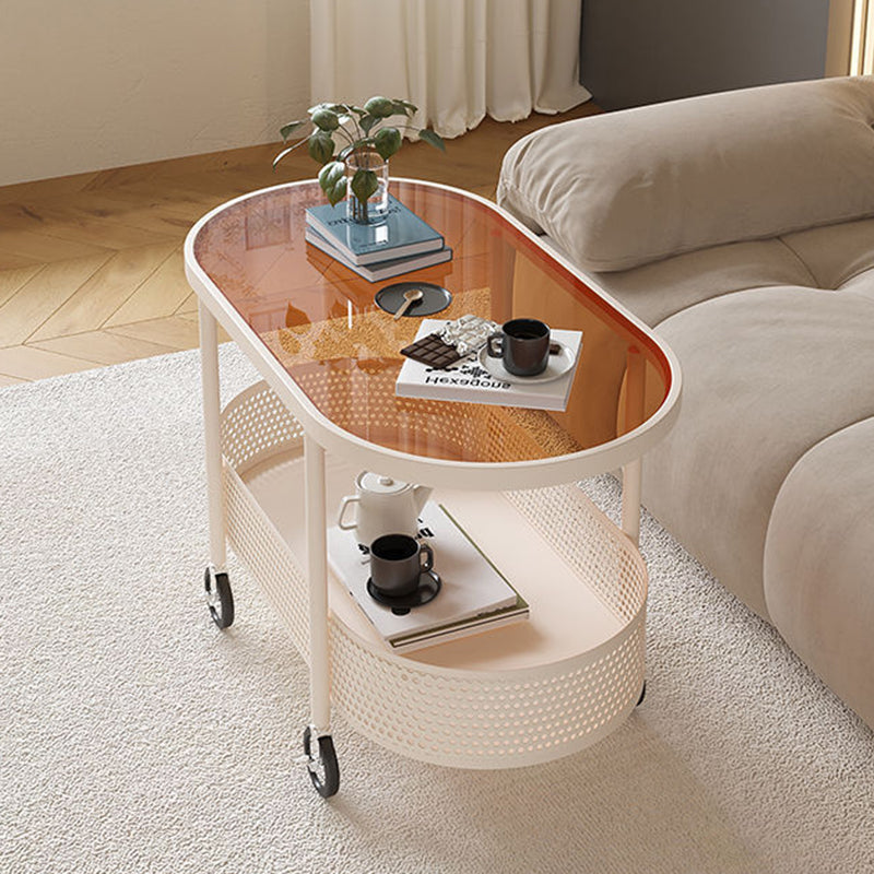 Modern Minimalist Movable Oval Glass Iron Coffee Table 2-Tier For Living Room
