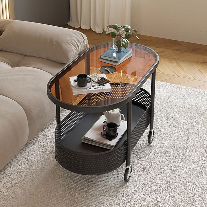 Modern Minimalist Movable Oval Glass Iron Coffee Table 2-Tier For Living Room