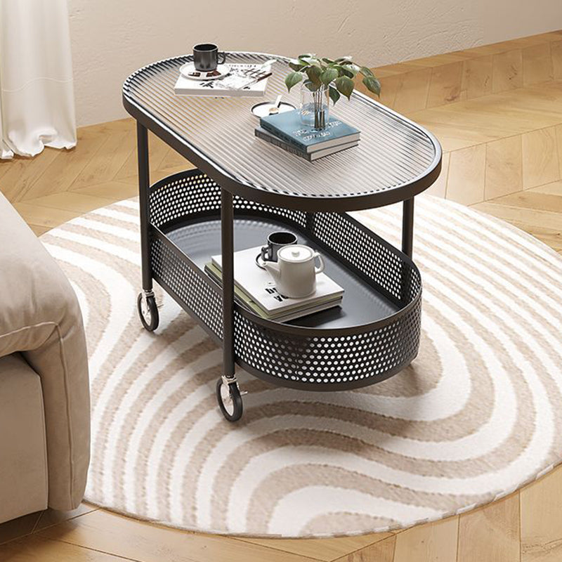 Modern Minimalist Movable Oval Glass Iron Coffee Table 2-Tier For Living Room
