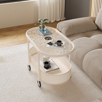Modern Minimalist Movable Oval Glass Iron Coffee Table 2-Tier For Living Room