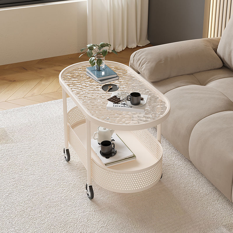 Modern Minimalist Movable Oval Glass Iron Coffee Table 2-Tier For Living Room
