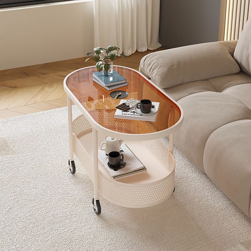 Modern Minimalist Movable Oval Glass Iron Coffee Table 2-Tier For Living Room