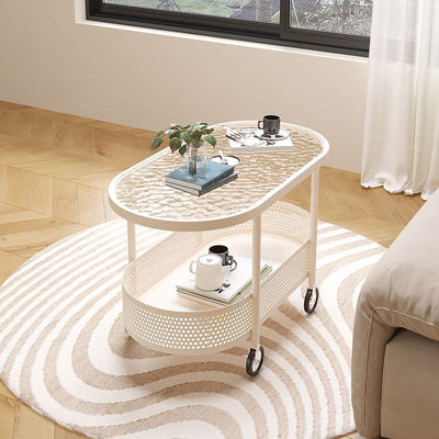 Modern Minimalist Movable Oval Glass Iron Coffee Table 2-Tier For Living Room