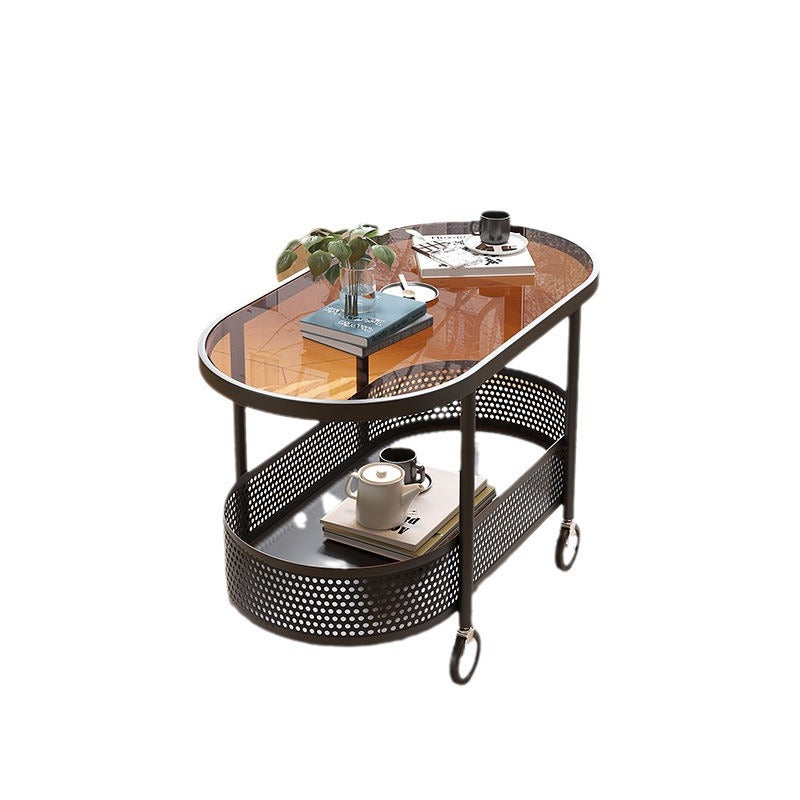 Modern Minimalist Movable Oval Glass Iron Coffee Table 2-Tier For Living Room