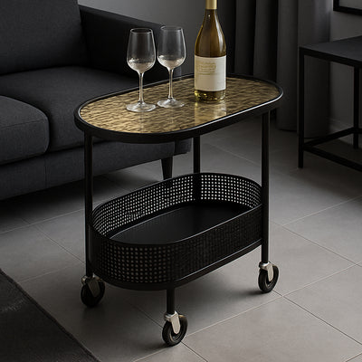 Modern Minimalist Movable Oval Glass Iron Coffee Table 2-Tier For Living Room