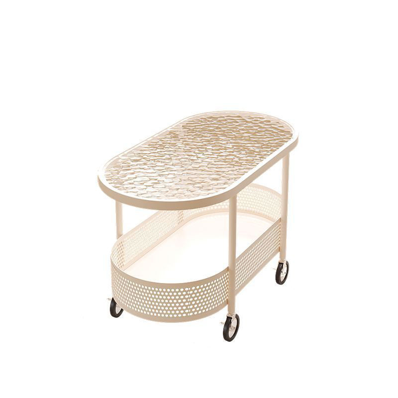 Modern Minimalist Movable Oval Glass Iron Coffee Table 2-Tier For Living Room