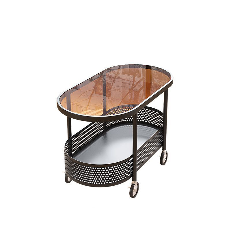 Modern Minimalist Movable Oval Glass Iron Coffee Table 2-Tier For Living Room