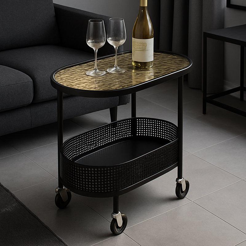 Modern Minimalist Movable Oval Glass Iron Coffee Table 2-Tier For Living Room
