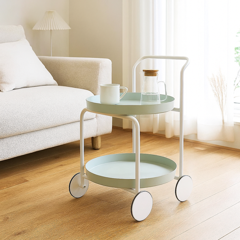 Contemporary Nordic Round Plastic Carbon Steel Movable Coffee Table 2-Tier For Living Room