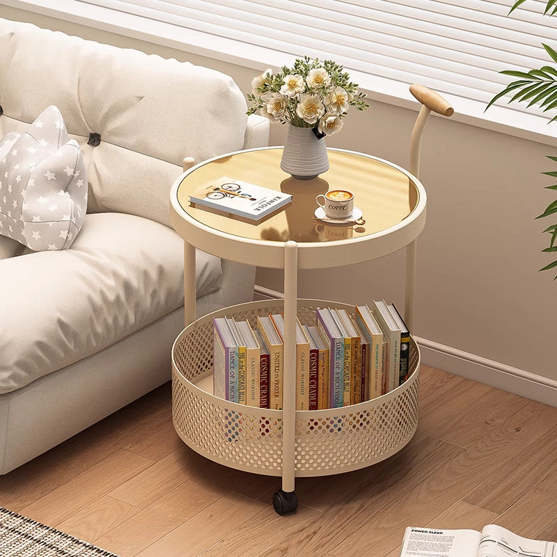 Traditional French Movable Round Iron Glass Coffee Table 2-Tier For Living Room