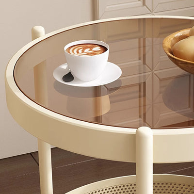 Traditional French Movable Round Iron Glass Coffee Table 2-Tier For Living Room