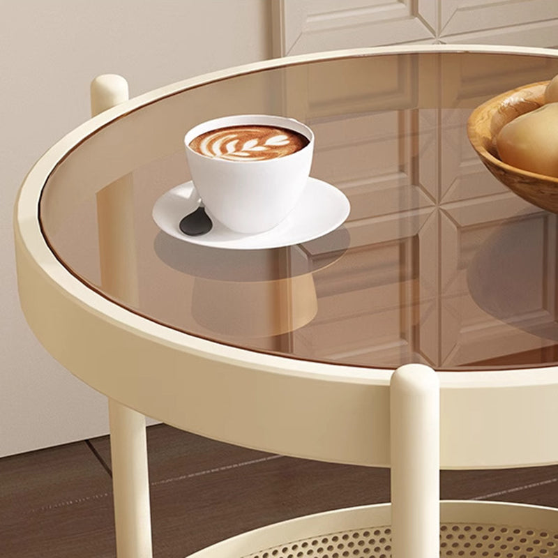 Traditional French Movable Round Iron Glass Coffee Table 2-Tier For Living Room