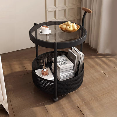Traditional French Movable Round Iron Glass Coffee Table 2-Tier For Living Room