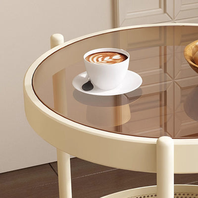 Traditional French Movable Round Iron Glass Coffee Table 2-Tier For Living Room