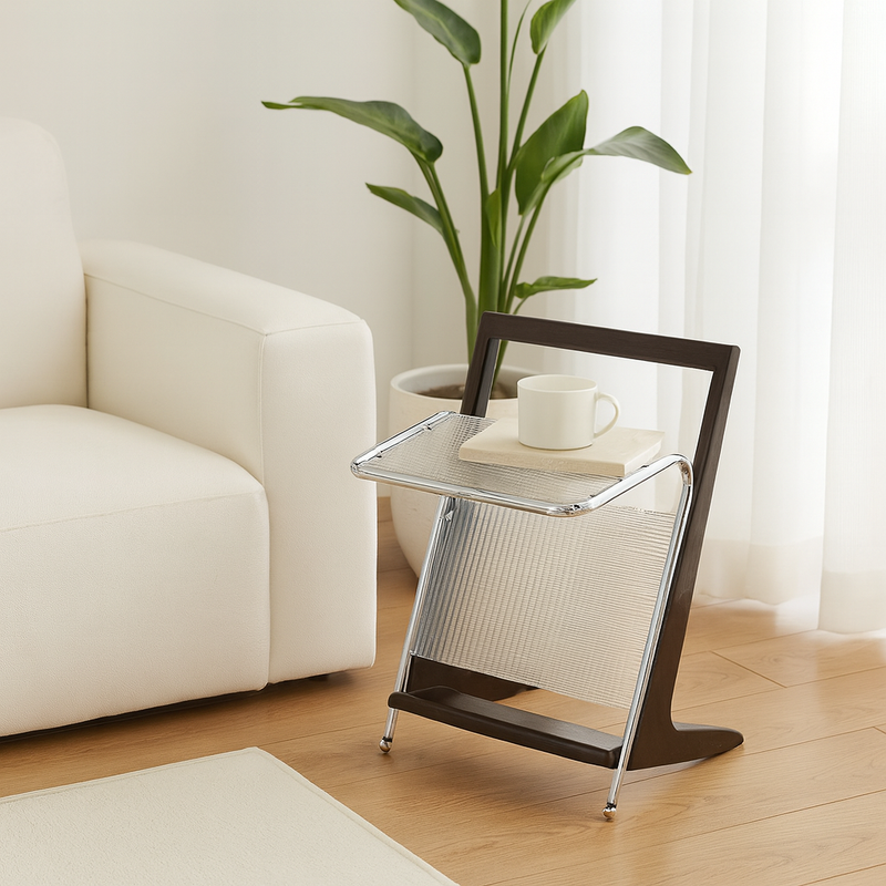 Modern Minimalist Z-Shape Rubberwood Iron Glass End Table 2-Tier For Bedroom
