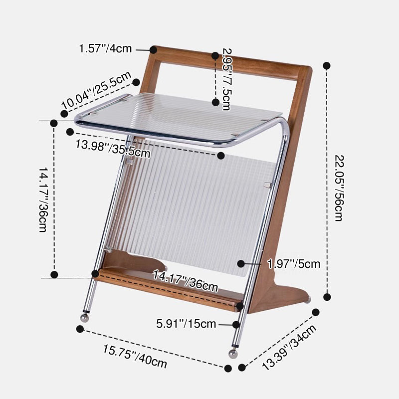Modern Minimalist Z-Shape Rubberwood Iron Glass End Table 2-Tier For Bedroom