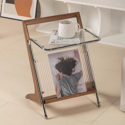 Modern Minimalist Z-Shape Rubberwood Iron Glass End Table 2-Tier For Bedroom