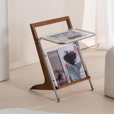 Modern Minimalist Z-Shape Rubberwood Iron Glass End Table 2-Tier For Bedroom