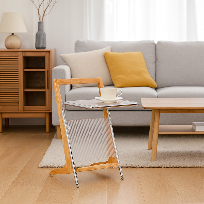 Modern Minimalist Z-Shape Rubberwood Iron Glass End Table 2-Tier For Bedroom