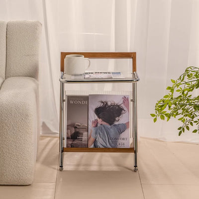 Modern Minimalist Z-Shape Rubberwood Iron Glass End Table 2-Tier For Bedroom