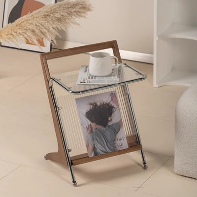 Modern Minimalist Z-Shape Rubberwood Iron Glass End Table 2-Tier For Bedroom
