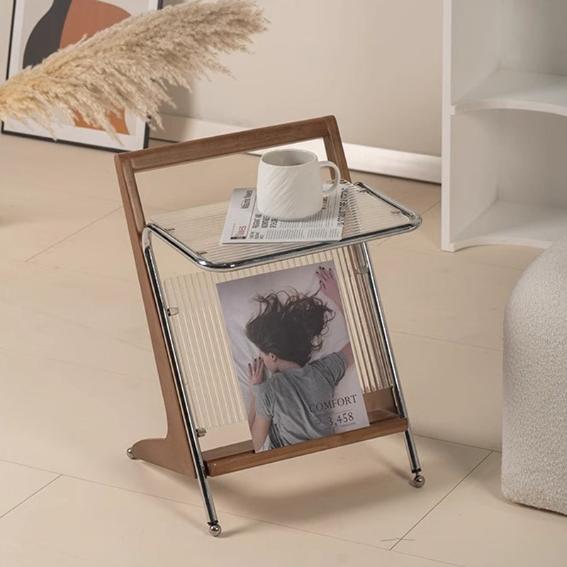 Modern Minimalist Z-Shape Rubberwood Iron Glass End Table 2-Tier For Bedroom