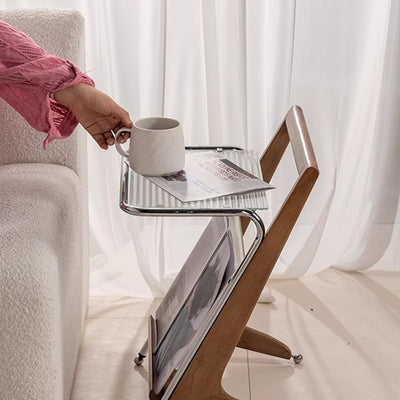 Modern Minimalist Z-Shape Rubberwood Iron Glass End Table 2-Tier For Bedroom