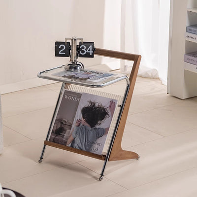 Modern Minimalist Z-Shape Rubberwood Iron Glass End Table 2-Tier For Bedroom