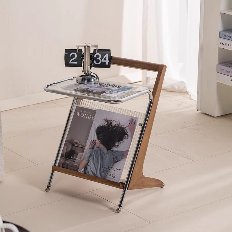 Modern Minimalist Z-Shape Rubberwood Iron Glass End Table 2-Tier For Bedroom