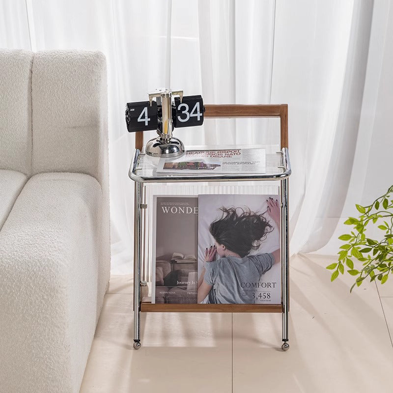 Modern Minimalist Z-Shape Rubberwood Iron Glass End Table 2-Tier For Bedroom
