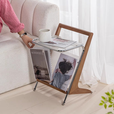 Modern Minimalist Z-Shape Rubberwood Iron Glass End Table 2-Tier For Bedroom