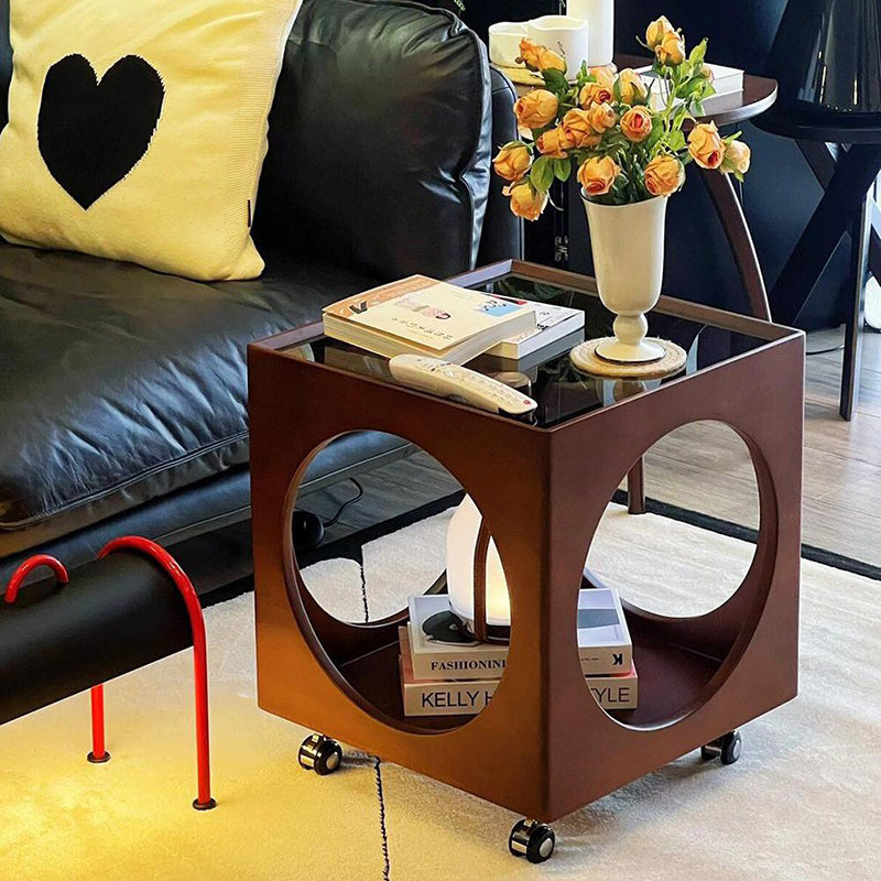 Table basse mobile à deux niveaux pour salon en bois de caoutchouc carré creusé vintage traditionnel avec verre et tissage en rotin 