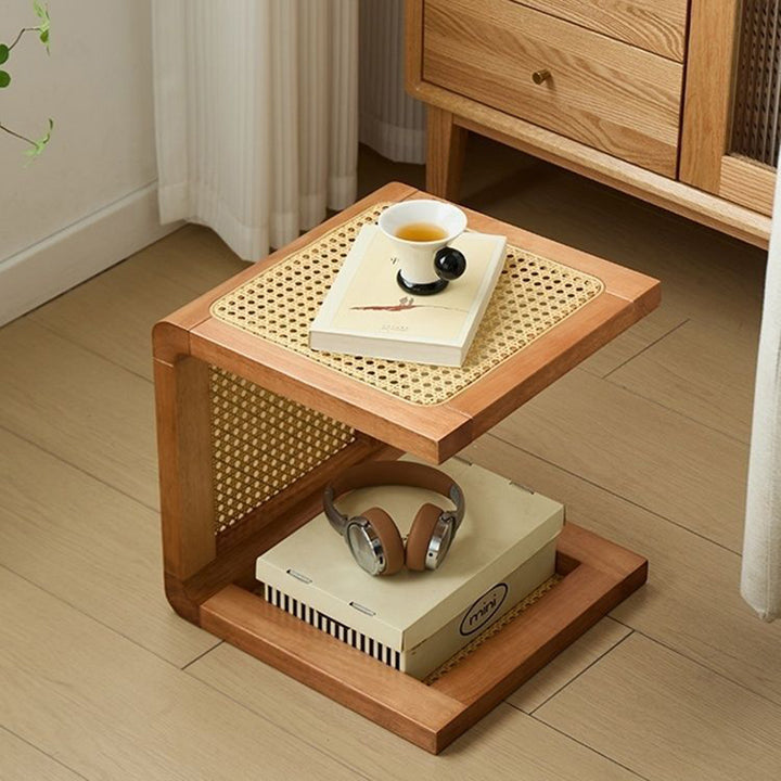 Traditional Rustic U-Shape Plywood Faux Rattan Weaving End Table 2-Tier For Living Room