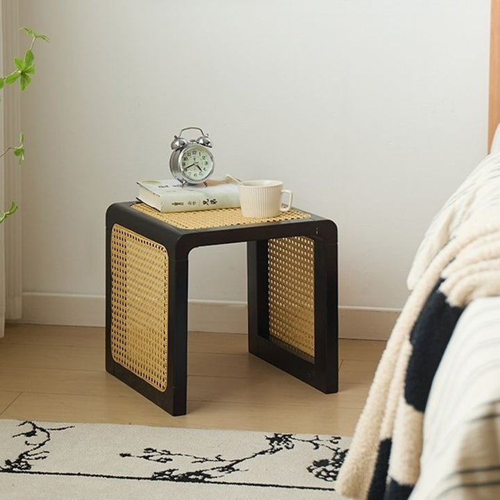 Traditional Rustic U-Shape Plywood Faux Rattan Weaving End Table 2-Tier For Living Room